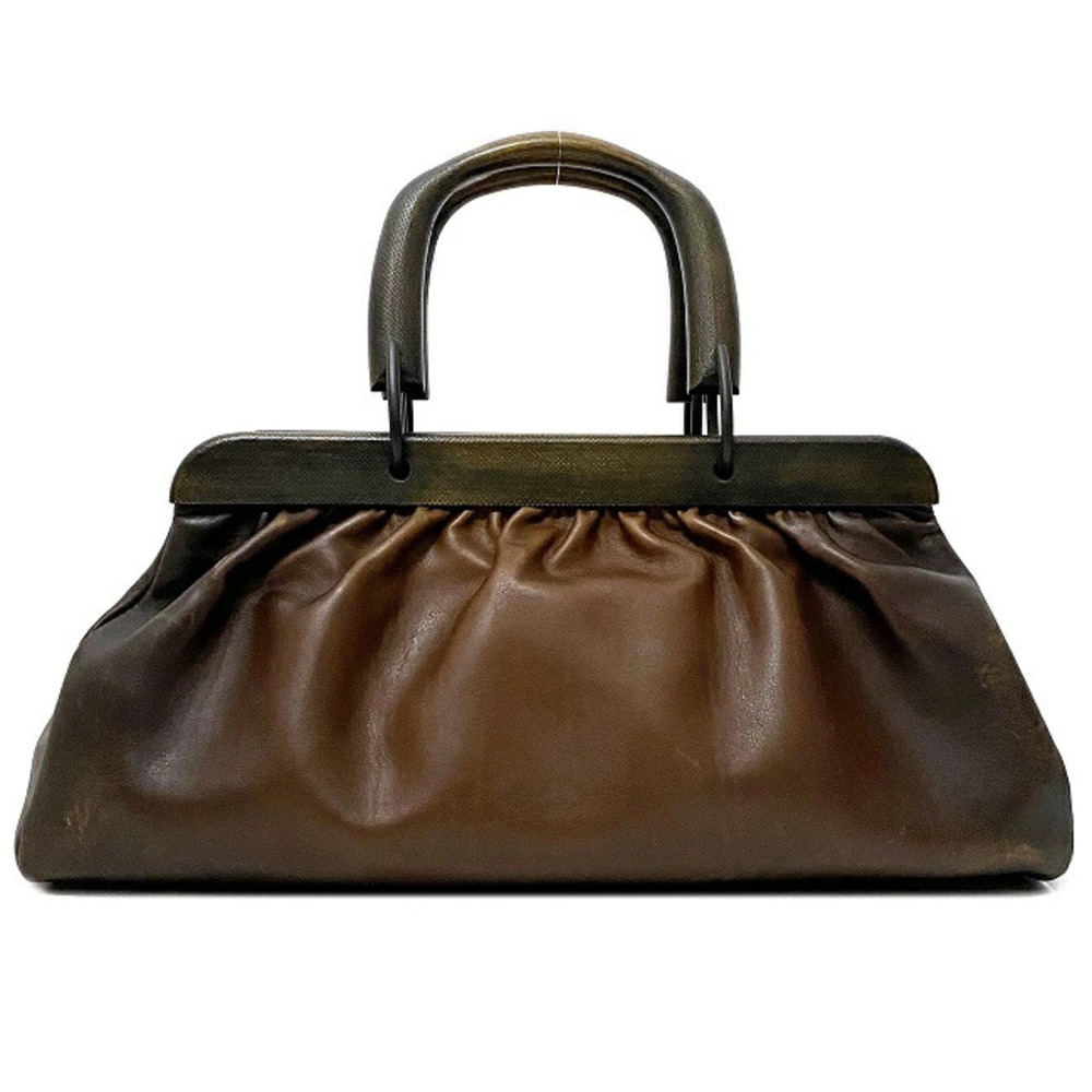 Gucci Handbag Brown Leather Wood Boston Bag Belt Closure Logo - Picture 3 of 10